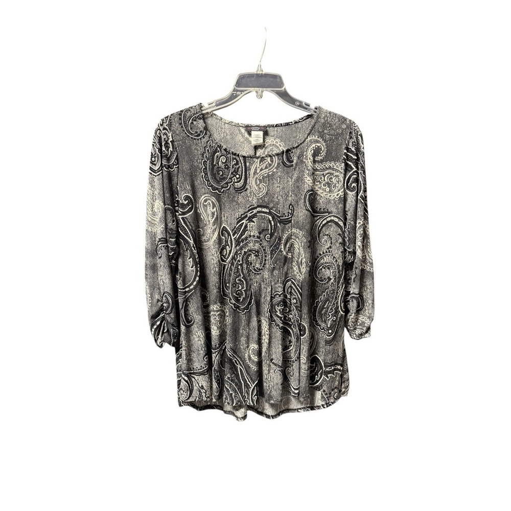 Cocomo Women 1X Black White Paisley Boho Blouse 3/4 Sleeve Stretch Top
